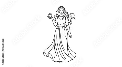 Goddess Holding Apple, Elegant Woman in Flowing Gown, Ancient Greek Mythology Line Art