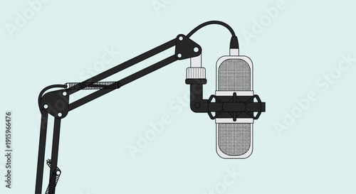 Professional studio microphone mounted on an adjustable boom arm stand, ready for recording, set against a light blue background.