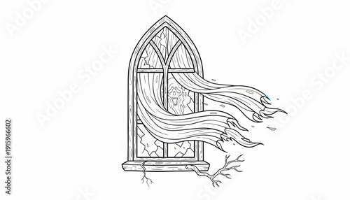Gothic Window with Flowing Curtains and Broken Glass, Eerie Atmosphere