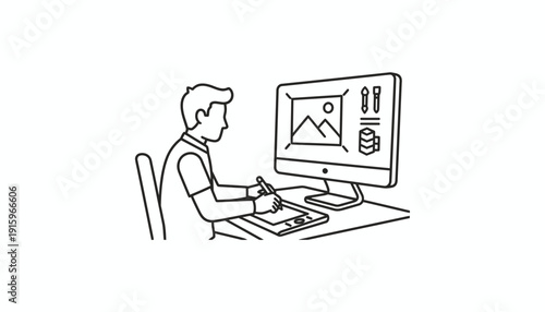 Graphic designer working on computer with drawing tablet, digital art creation