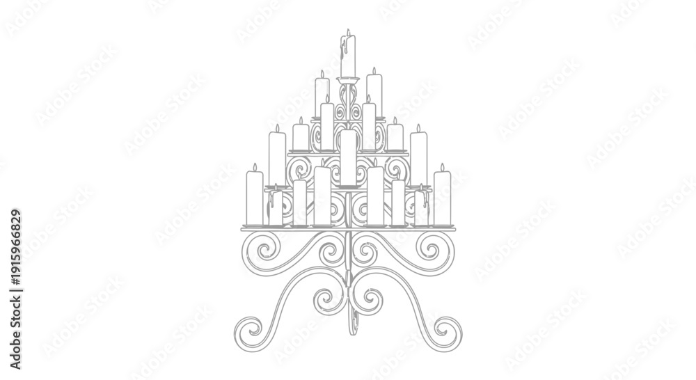 Naklejka premium Elegant Candelabra with Many Candles, Ornate Scrollwork Stand, Vintage Candle Holder