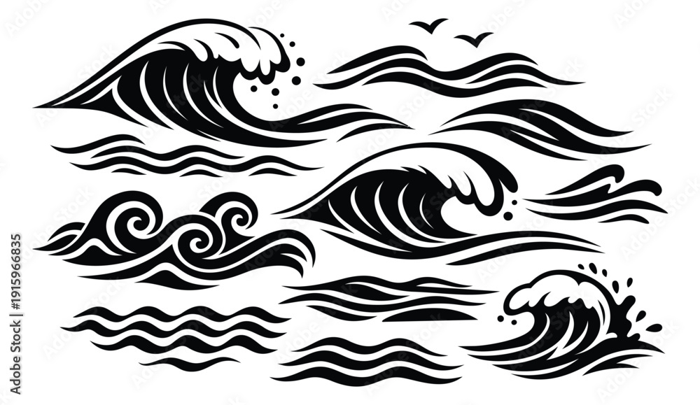Fototapeta premium Stylized ocean waves set featuring various water crests and ripples for nature concepts