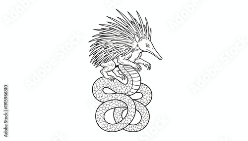 Echidna and Serpent Mythological Creature Line Art Tattoo Design