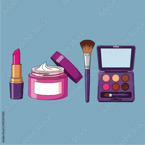 Cosmetic products including lipstick cream and eyeshadow palette.