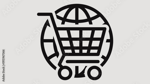 Black and white shopping cart inside a globe with the word O V O below