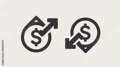 Black and white showing upward and downward financial trends with dollar signs