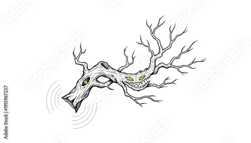 Creepy Tree Monster with Glowing Eyes and Sharp Teeth