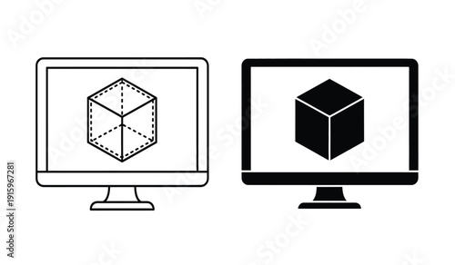 Two computer monitors displaying 3d cube graphics side by side