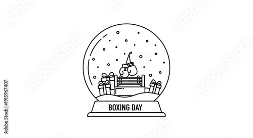 Boxing Day Snow Globe with Boxing Ring, Gloves, and Gifts - Line Art Illustration