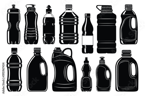 Vintage style silhouette bottle set featuring various plastic containers for liquids and packaging design