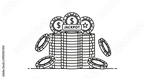 Casino Jackpot Coins Stacked, Gambling Chips and Winning Symbol