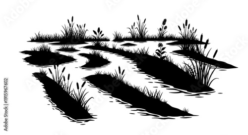 Black silhouette illustration of a wetland ecosystem with a swan bird, grasses, and water, promoting World Wetlands Day and conservation of rice field habitats.