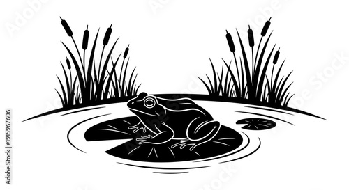 Black silhouette illustration of a frog on a lily pad in a wetland ecosystem with cattails, representing World Wetlands Day to protect wetlands.