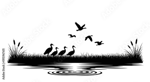 Black silhouette illustration of swans and other birds over a serene wetland ecosystem with a rice field, promoting World Wetlands Day to protect wetlands.