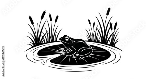 Black silhouette illustration of a frog on a lily pad in a wetland ecosystem with cattails, representing World Wetlands Day and conservation efforts.