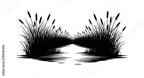 Black silhouette illustration of wetland ecosystem with cattails and water, representing World Wetlands Day, promoting conservation and protection of natural habitats.