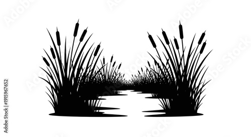 Black silhouette illustration of cattails and a serene wetland ecosystem on World Wetlands Day, promoting conservation and protection of natural habitats.