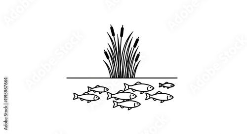 Black silhouette illustration of fish and a swan in a wetland ecosystem with cattails on World Wetlands Day to promote conservation.