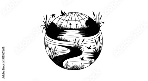Black silhouette illustration of a swan and birds around a wetland ecosystem on World Wetlands Day, with a globe and rice field design.