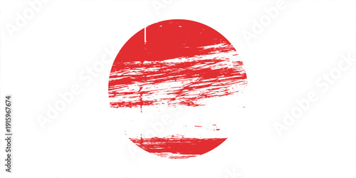 Japanese flag symbol of rising sun. Red circle in grunge style on white background.Modern Art