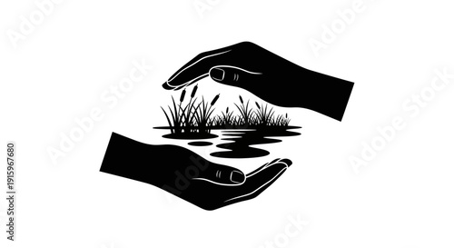 Black silhouette illustration of cupped hands holding a wetland ecosystem with a swan and rice field on World Wetlands Day to promote conservation.