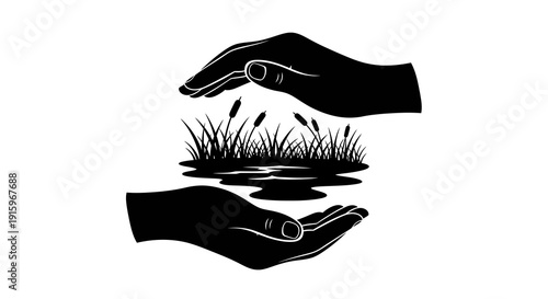 Black silhouette illustration of hands protecting a wetland ecosystem with a swan and cattails on World Wetlands Day.