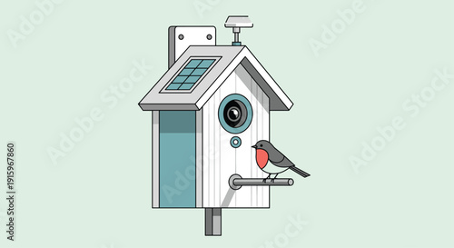 A smart birdhouse with a solar panel, camera, and antenna is mounted on a post with a robin perched on it.