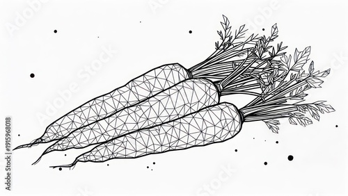 Three carrots, depicted as a wireframe or polygonal mesh, with fine lines and detailed leaves.  A minimalist illustration