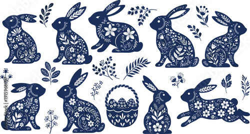 Decorative rabbits with floral patterns, Easter egg basket, spring celebration, nature elements, seasonal motifs, holiday illustration design concept