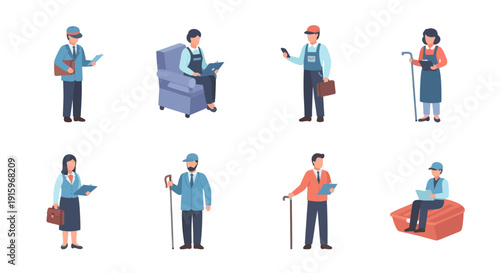 Business and casual people with canes and laptops in various poses isolated on white, elderly and professional characters for healthcare and office concepts