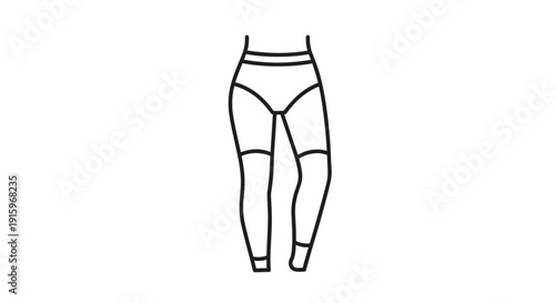 Minimalist line drawing showcasing female legs in underwear and hosiery standing on a plain white surface.