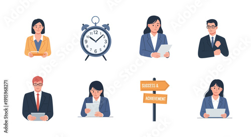 Business people working with documents and clock time management concept with success and achievement signpost, office teamwork illustration
