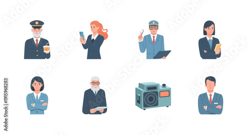 Business professionals and uniformed workers with modern and vintage technology including a camera in flat style, perfect for corporate and technology themes