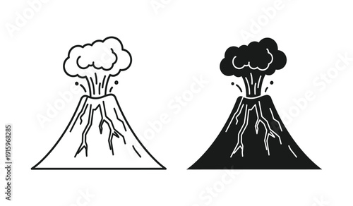 Vector illustration of two erupting volcanoes in black and white