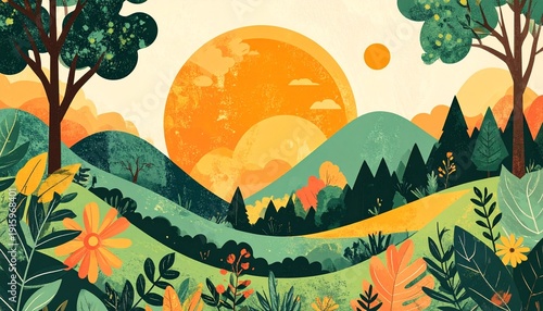 Vibrant Landscape with Rolling Hills and Trees.