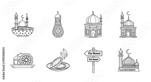 Hand drawn Islamic-themed icons including mosques, lanterns, prayer scenes, dates, and Iftar signpost for Ramadan and religious projects