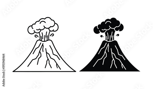Vector illustration of two volcanoes erupting in black and white