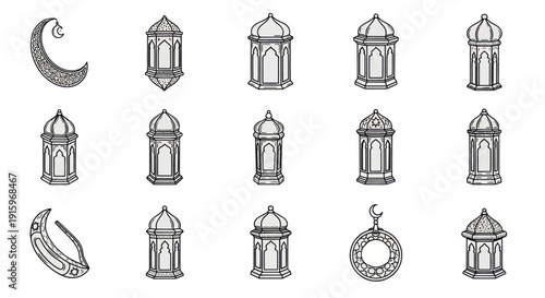 Hand-drawn black and white Islamic lanterns with crescent moons, ideal for Ramadan, Eid celebration, and Middle Eastern themed designs