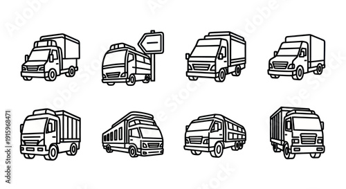 Hand-drawn black and white truck and bus doodles set featuring various types of commercial vehicles for transport and logistics designs