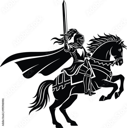 Knight in armor riding rearing horse with sword raised high and flowing cape, medieval chivalry vector illustration silhouette design