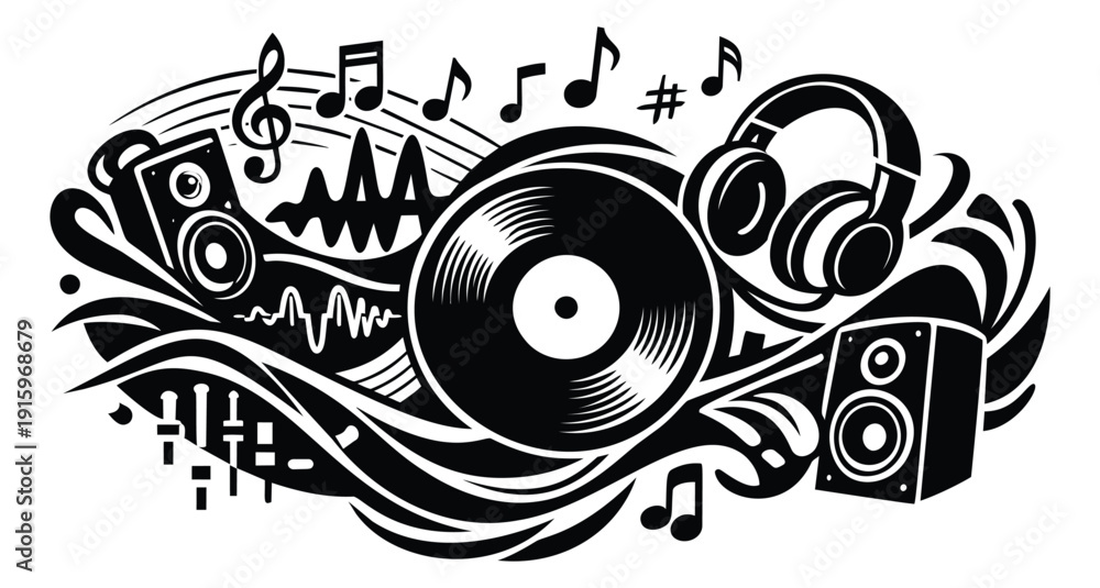 Obraz premium Graphic audio elements set featuring a vinyl record, headphones, and speakers for sound and entertainment concepts