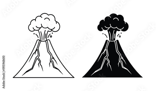 Vector illustration of volcanoes erupting with smoke and ash in black and white