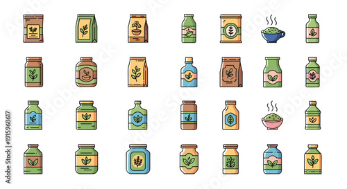 A collection of organic and natural product icons displayed in various containers like bags, jars, and bowls with leaf motifs.