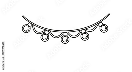 A simple black and white outline illustration depicting a curved string of festive decorative lights with round bulbs.
