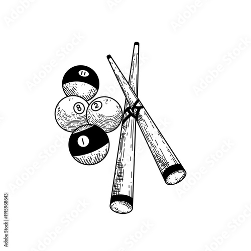hand drawn billiard cues and balls line art vector illustration