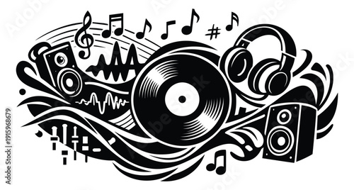 Graphic audio elements set featuring a vinyl record, headphones, and speakers for sound and entertainment concepts