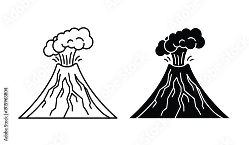 Vector illustration of two erupting volcanoes in black and white