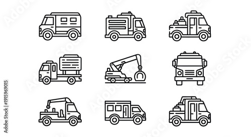 Set of black line emergency and utility truck icons including fire truck, tow truck, ambulance, and construction vehicle, perfect for industrial and rescue design