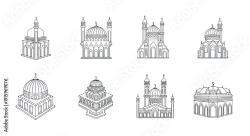Set of detailed hand-drawn mosque illustrations with domes and minarets, perfect for religious, cultural, and Islamic themed design projects