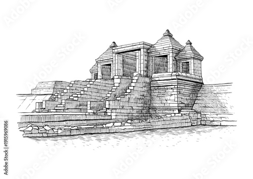 Ratu Boko Temple Ruins Illustration – Ancient Javanese Palace Complex Line Art